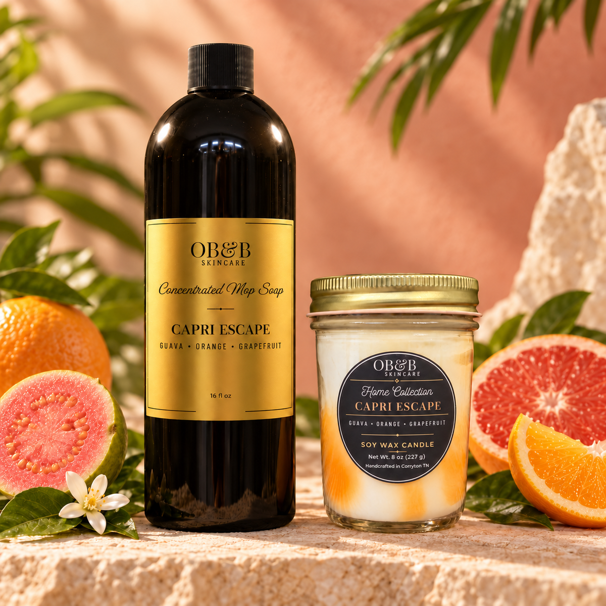 White Crisp OB&B Mop + Glow Duo with concentrated mop soap and 8 oz marbled candle