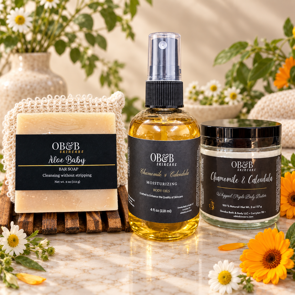 Chamomile & Calendula Trio — soap, body oil, and body butter