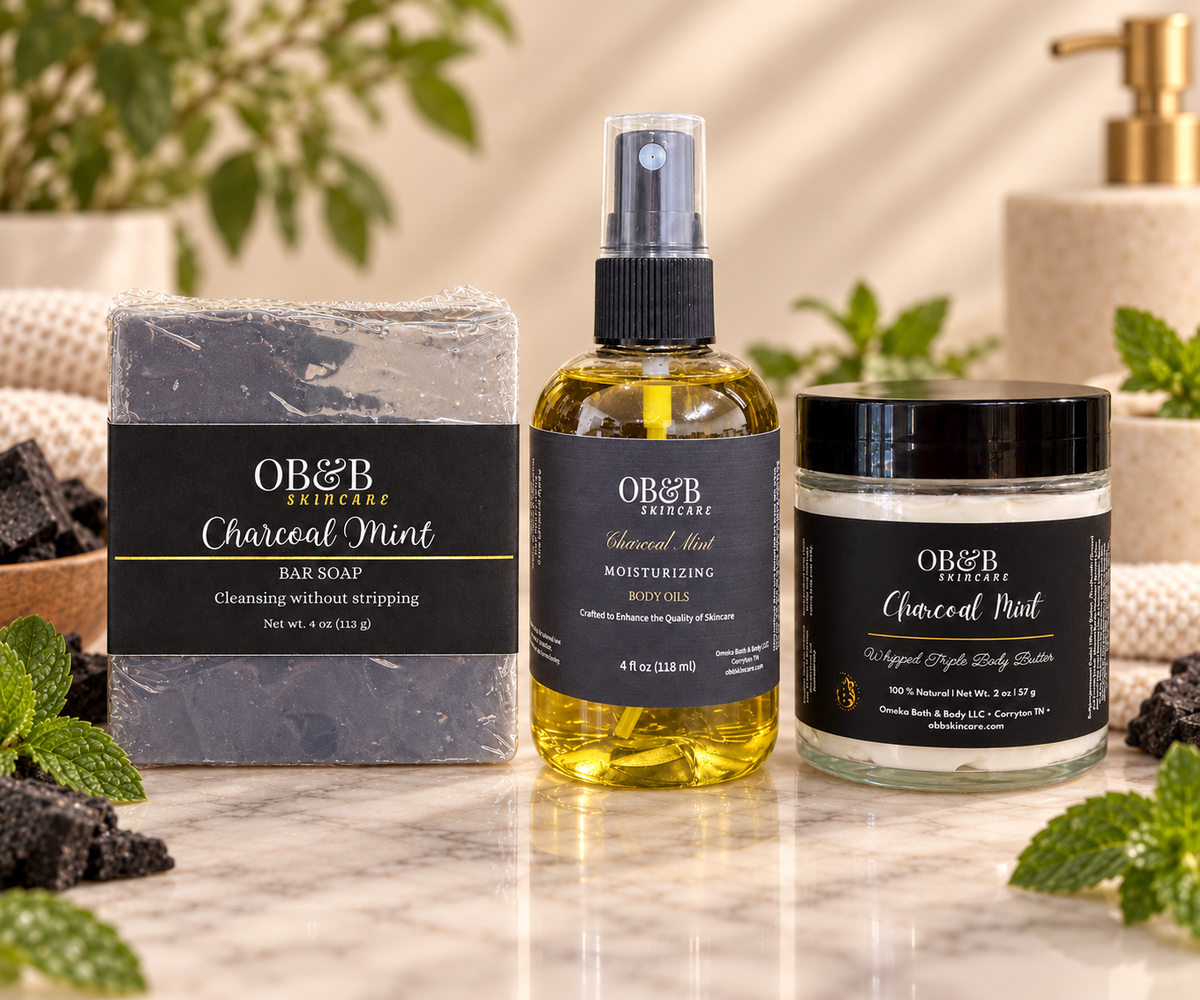 Charcoal Mint Trio — soap, body oil, and body butter
