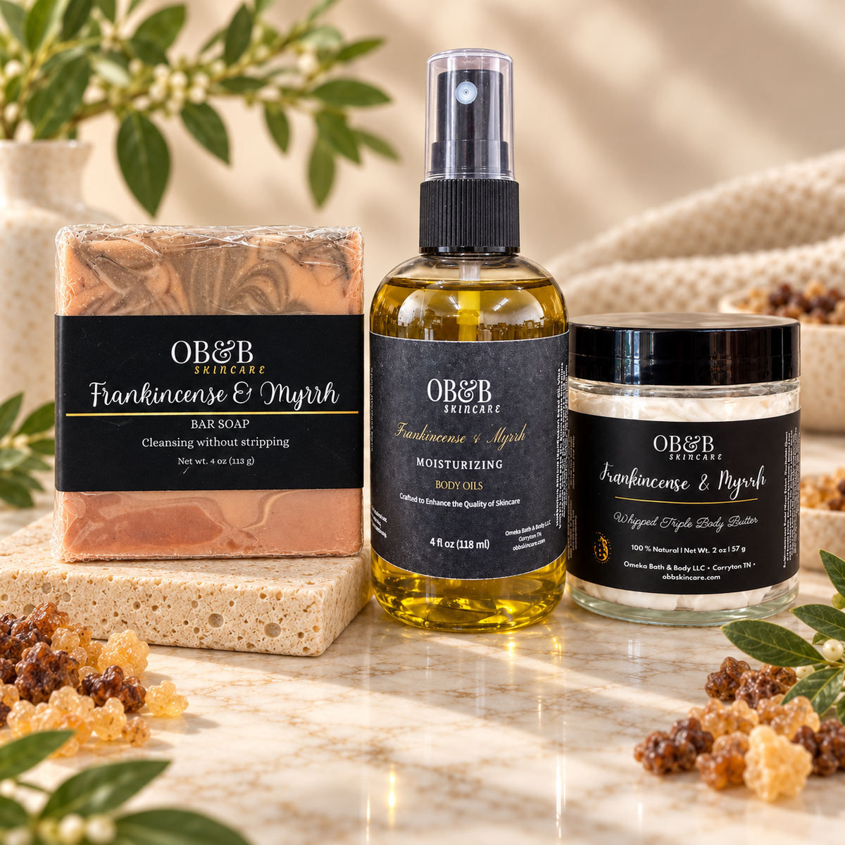 Frankincense & Myrrh Trio — soap, body oil, and body butter