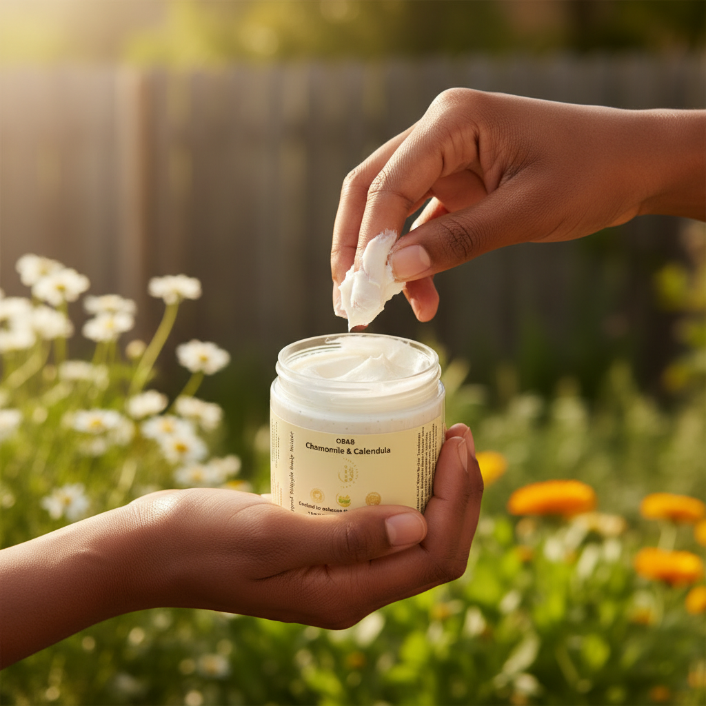Hands scooping white Chamomile Calendula Body Butter outdoors