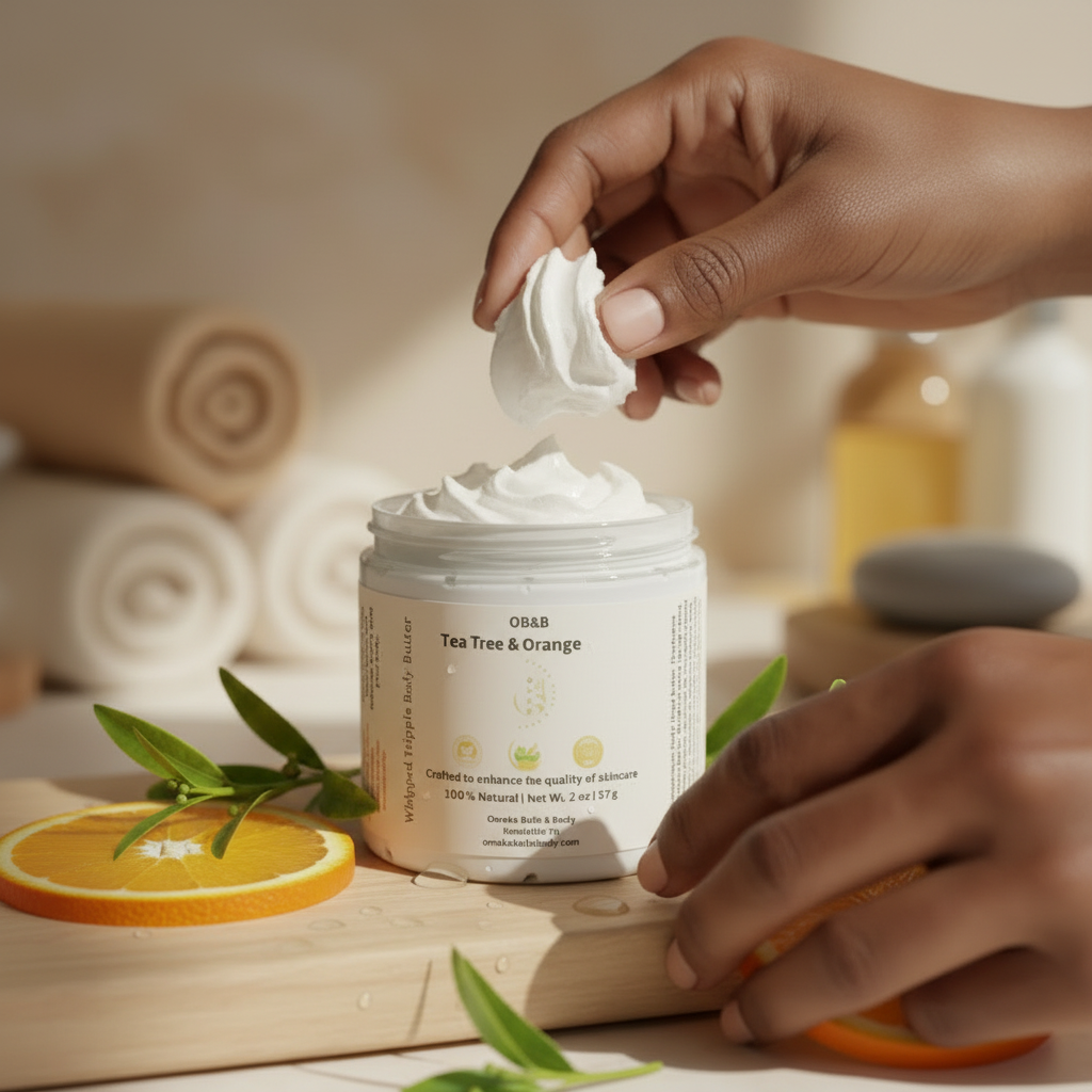 Hands scooping white Tea Tree Orange Body Butter