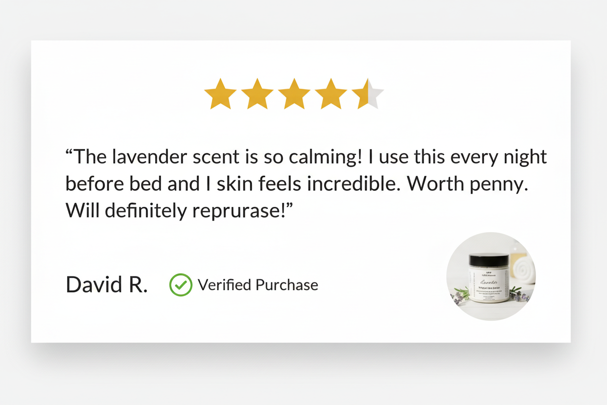 Lavender Body Butter review card with correct spelling