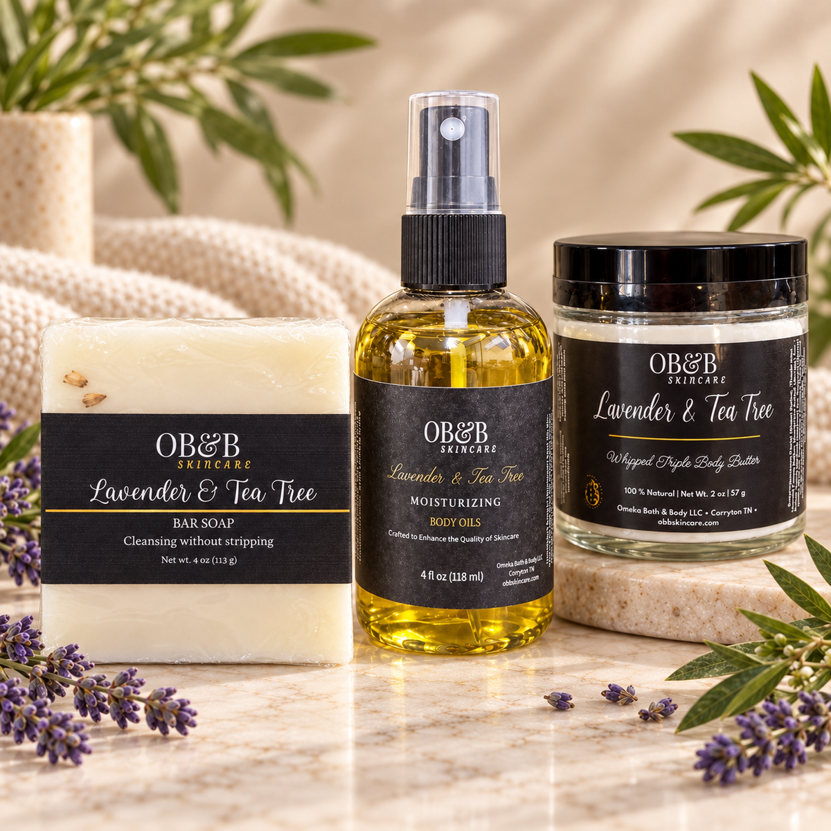 Lavender & Tea Tree Trio — soap, body oil, and body butter