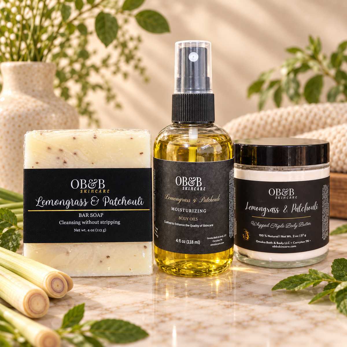 Lemongrass & Patchouli Trio — soap, body oil, and body butter