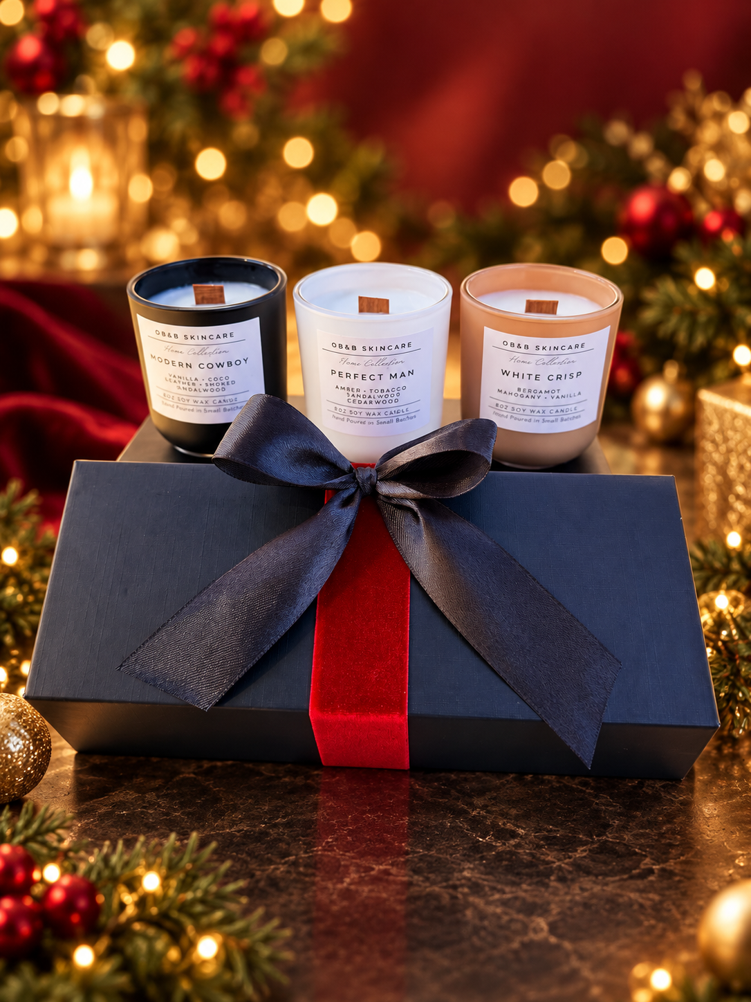 Mini candle gift set featuring OB&B Perfect Man, White Crisp, and Modern Cowboy candles in a gift box
