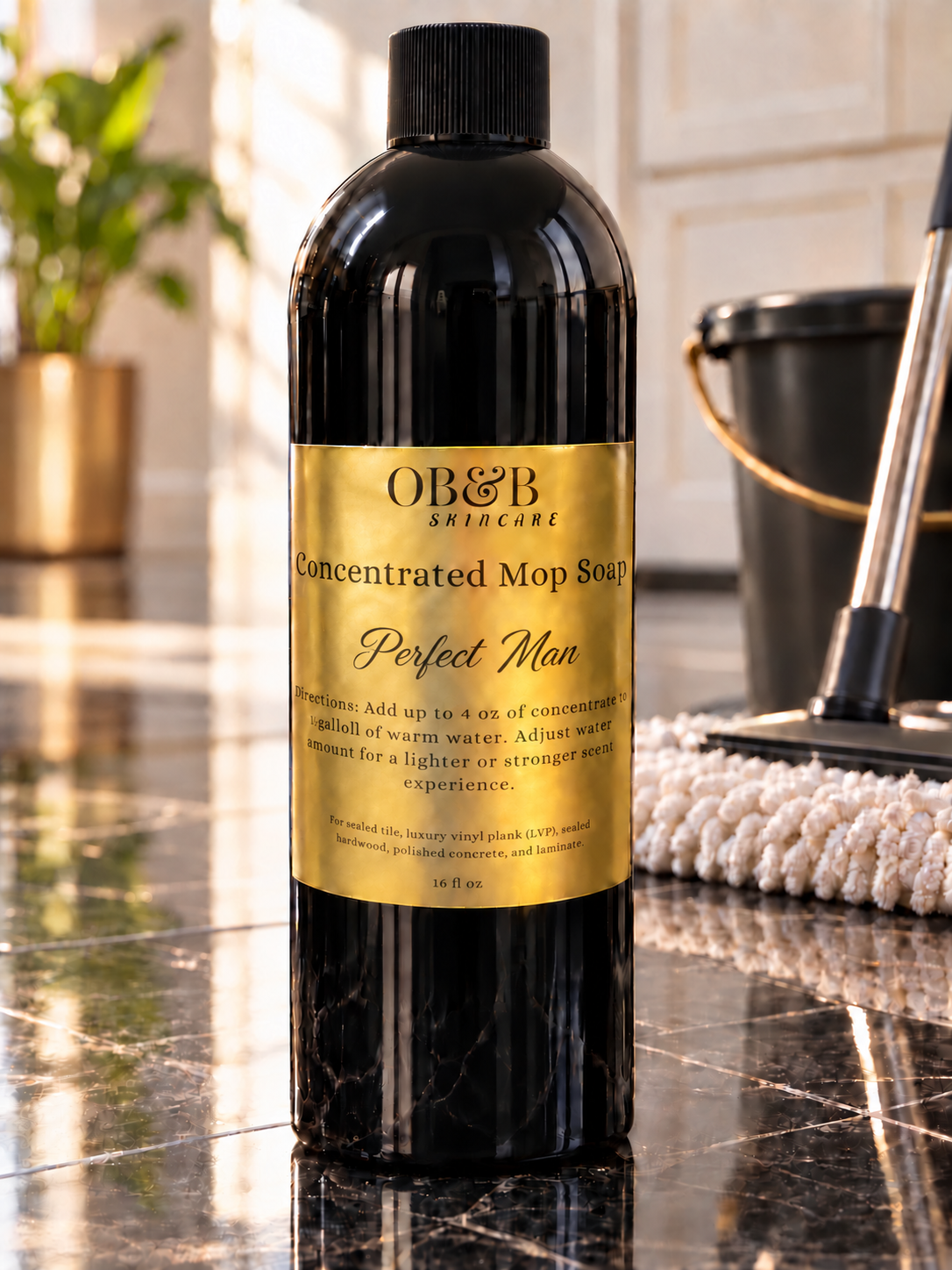 OB&B Concentrated Mop Soap in Vanilla Macadamia scent, black bottle with gold label