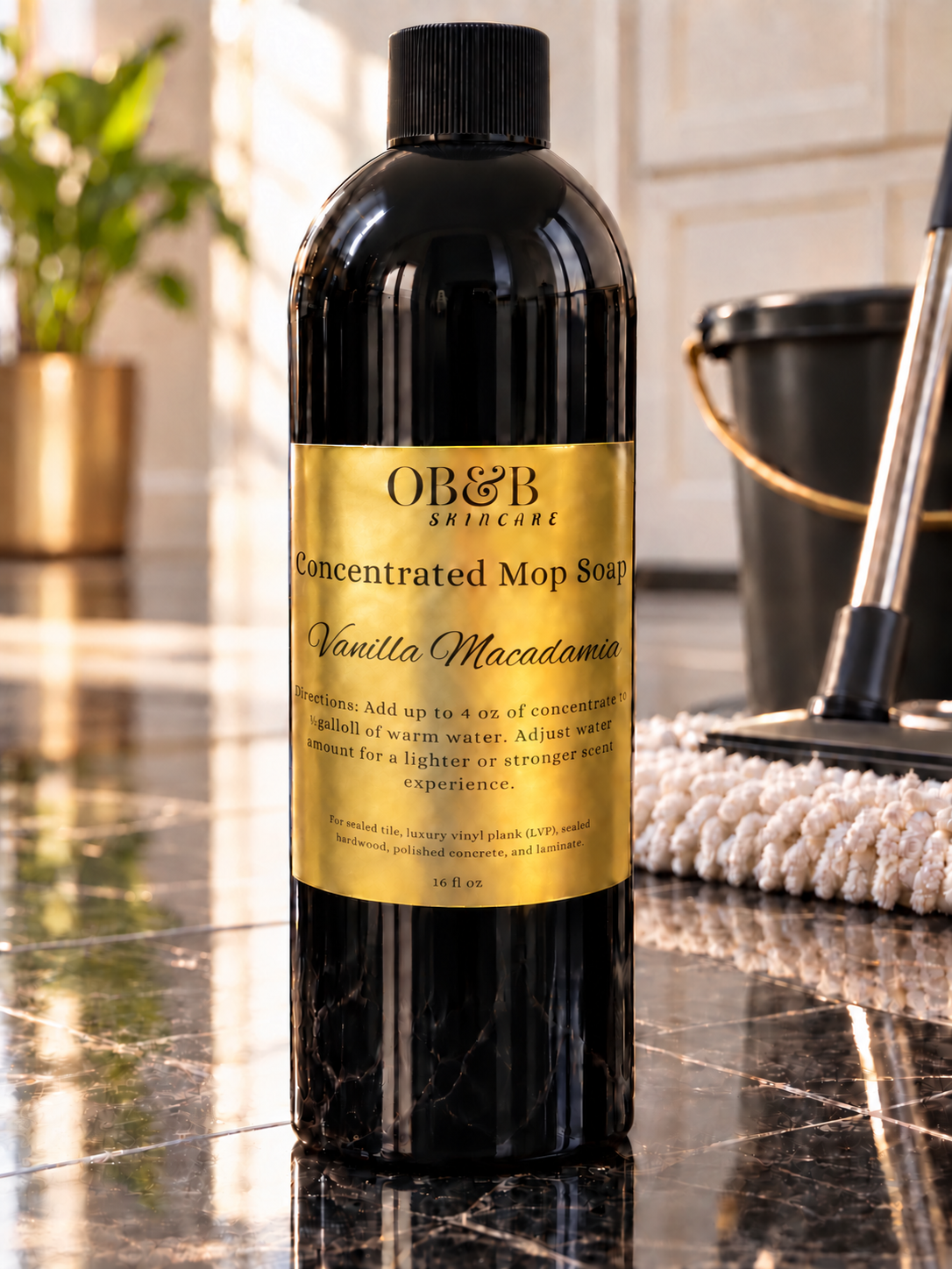 OB&B Concentrated Mop Soap in Vanilla Macadamia scent, black bottle with gold label