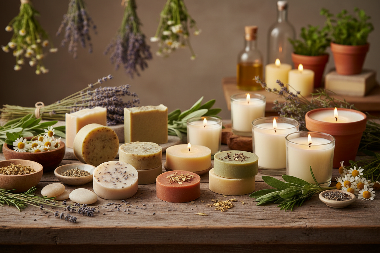 more soap and candles and launches with all natural herbs