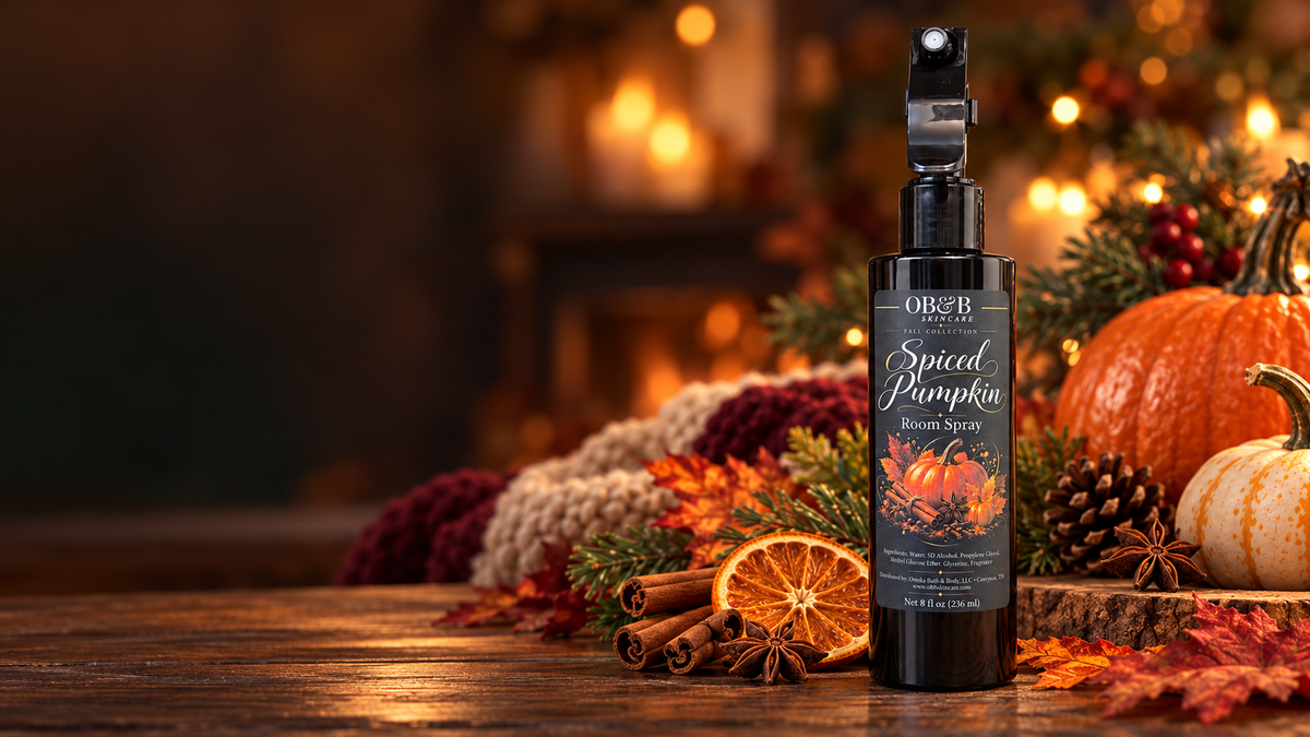 OB&B Skincare Fall and Winter Room Spray collection with Spiced Pumpkin room spray