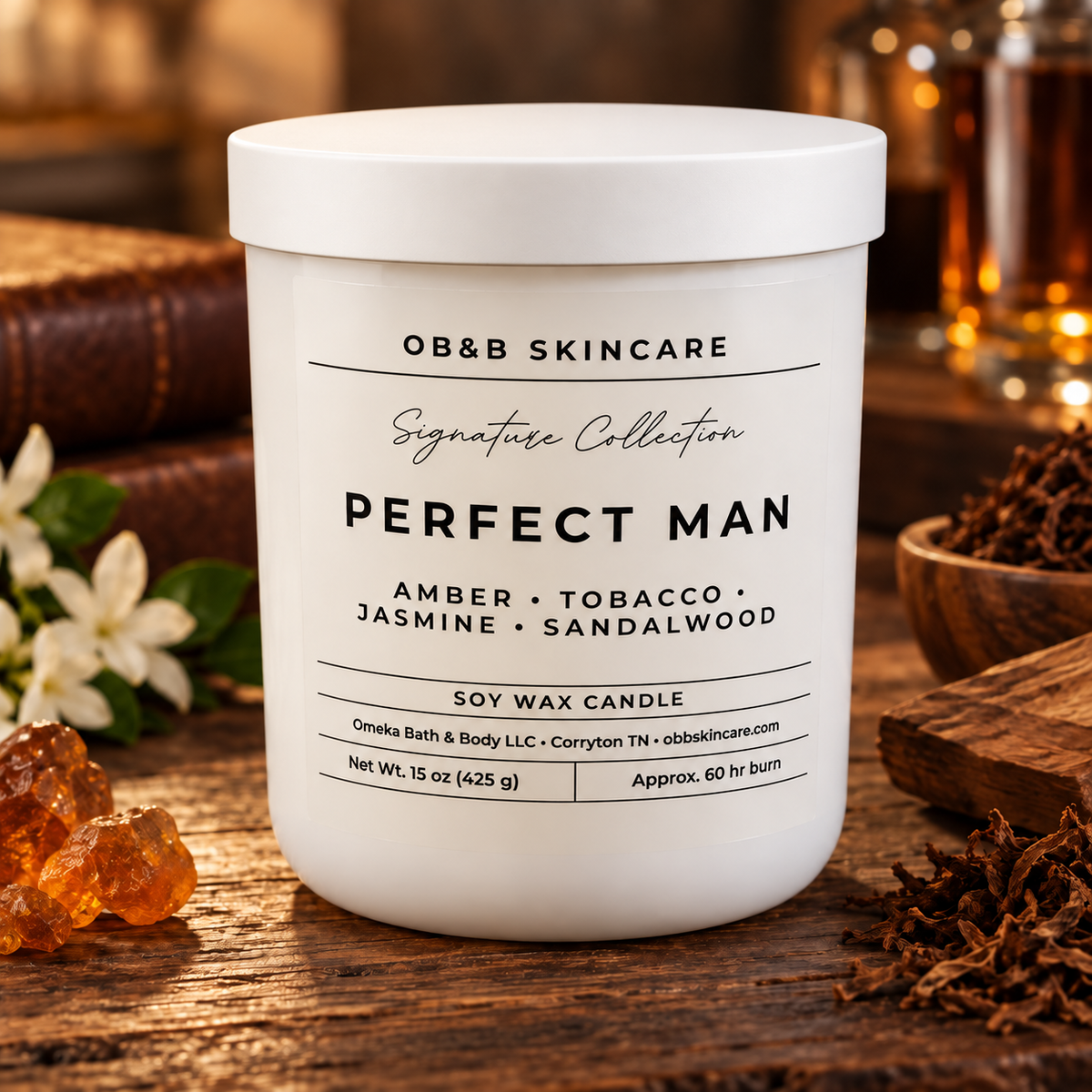 Perfect Man 15 oz Signature Candle - OB&B Skincare — white lid