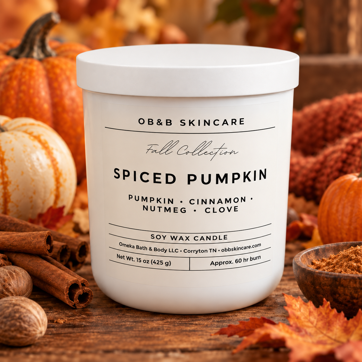 Spiced Pumpkin 15 oz Fall Collection Signature Candle - OB&B Skincare — white lid