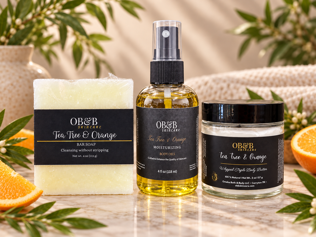 Tea Tree & Orange Trio — soap, body oil, and body butter