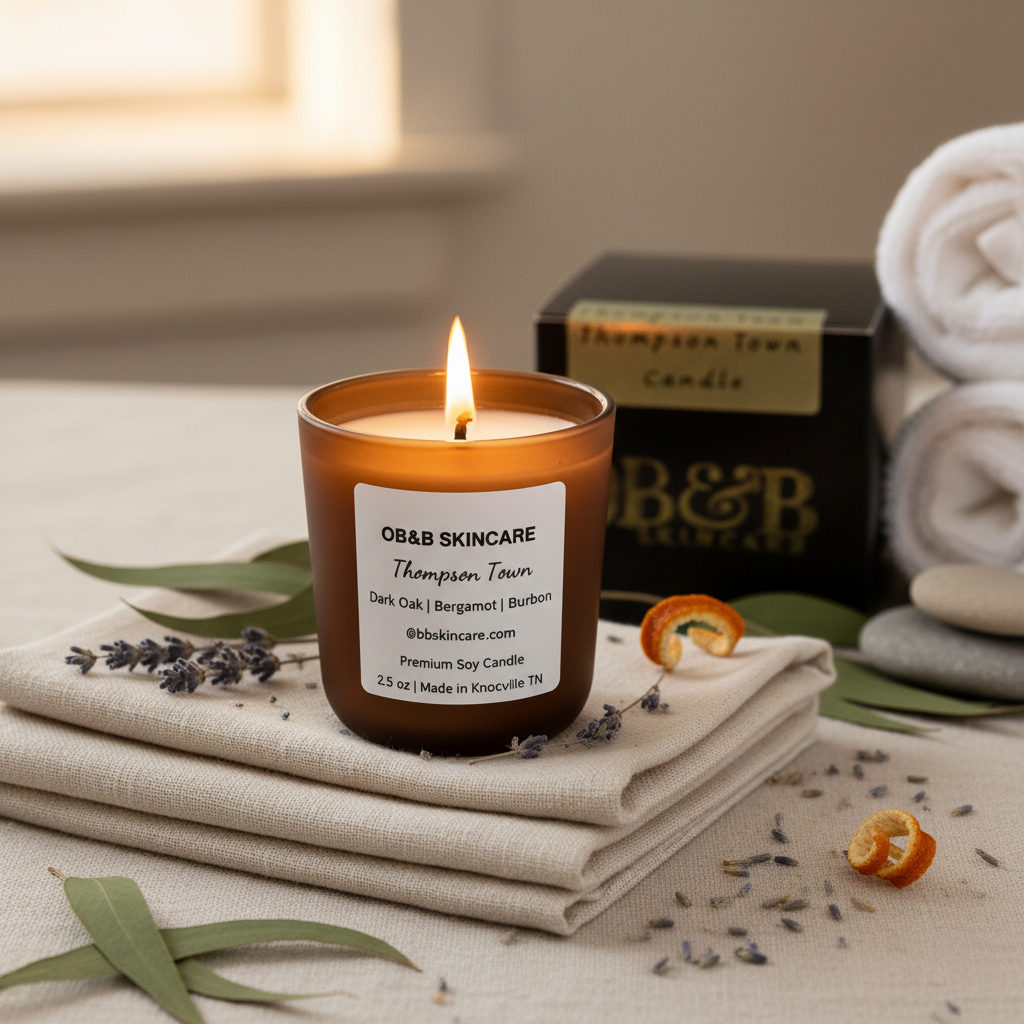 Thompson Town Mini Candle burning with flame