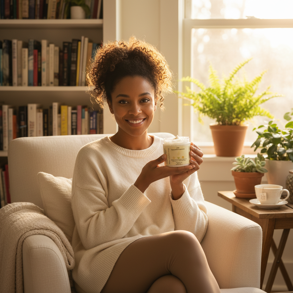 Woman holding Chamomile Calendula Body Butter in reading chair