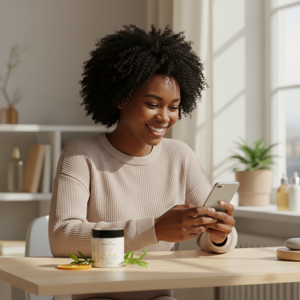 Woman writing review for Tea Tree Orange Body Butter on phone - realistic